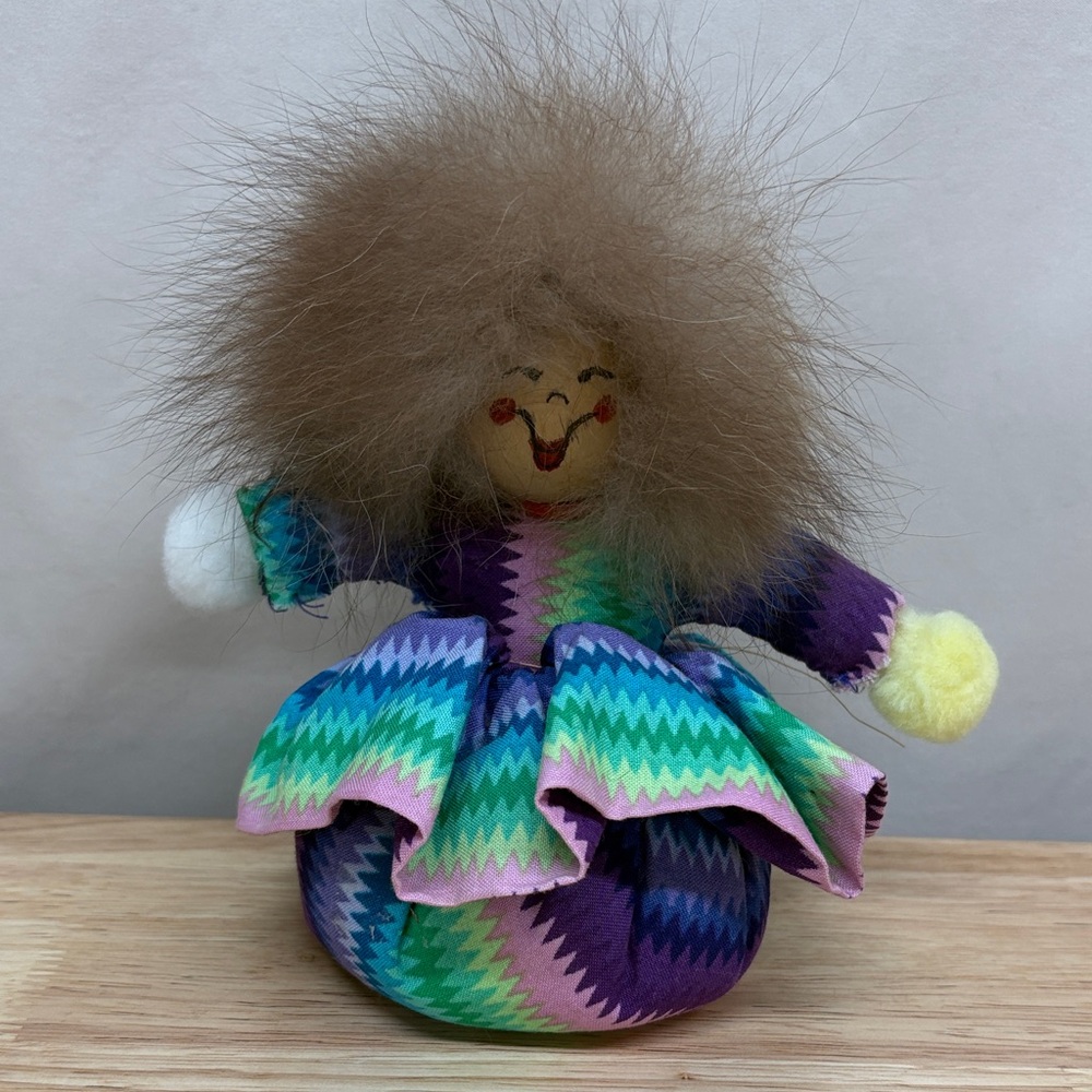 7” Vintage Handmade Colorful Zigzag Patterned Doll